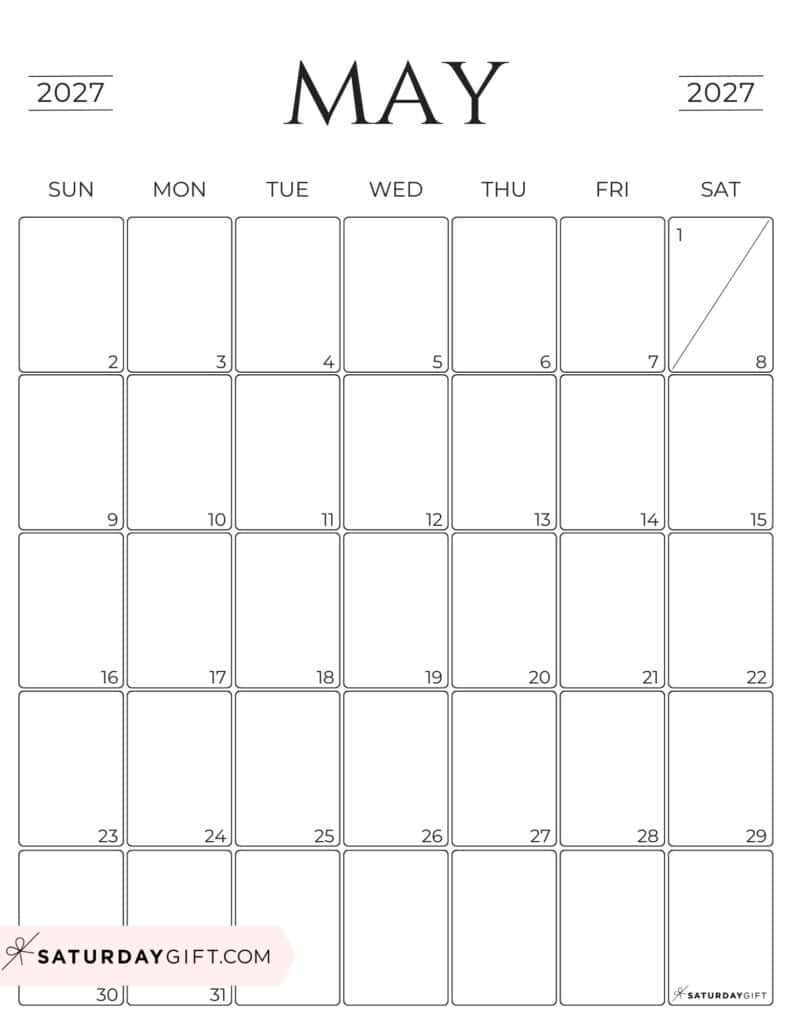 Simple Portrait May 2027 Calendar Free Printable Business Calendar Black & White Sunday-Start | SaturdayGift