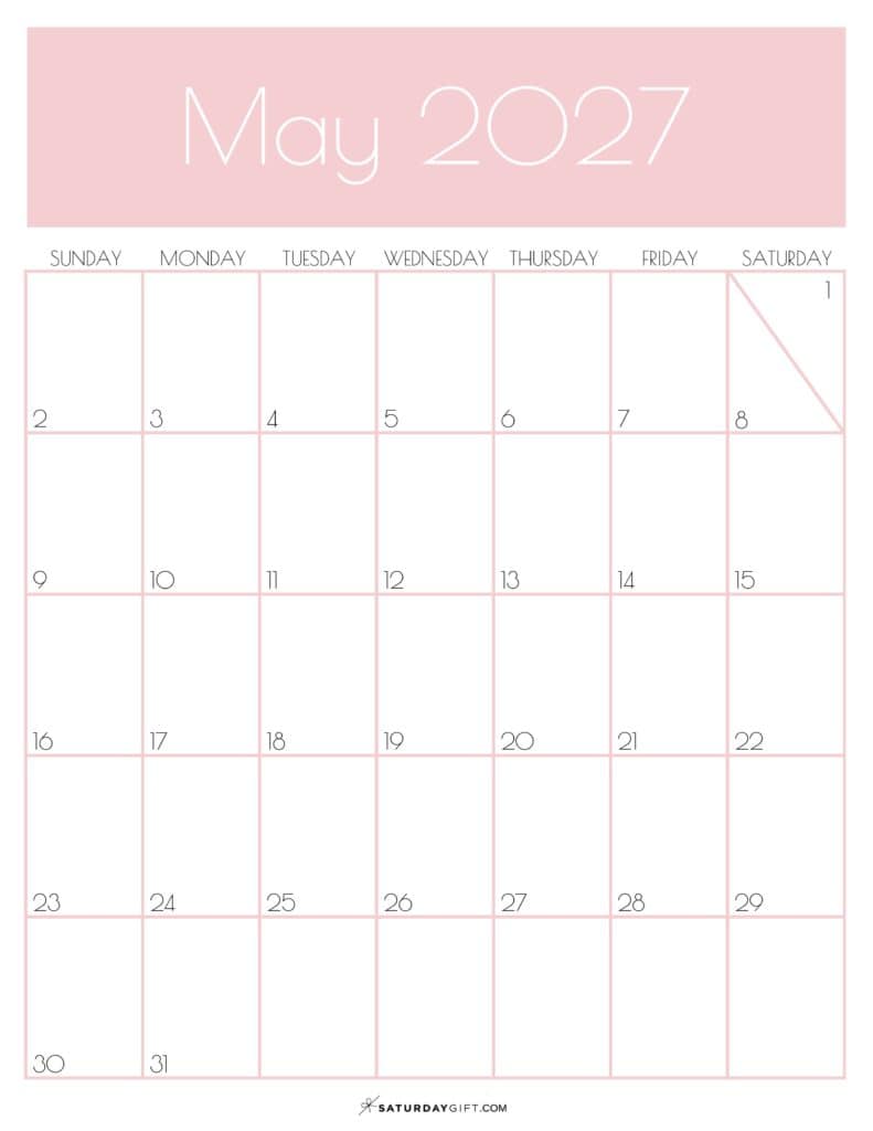 Pink Monthly Goals May 2027 Calendar Vertical Sunday-start | SaturdayGift