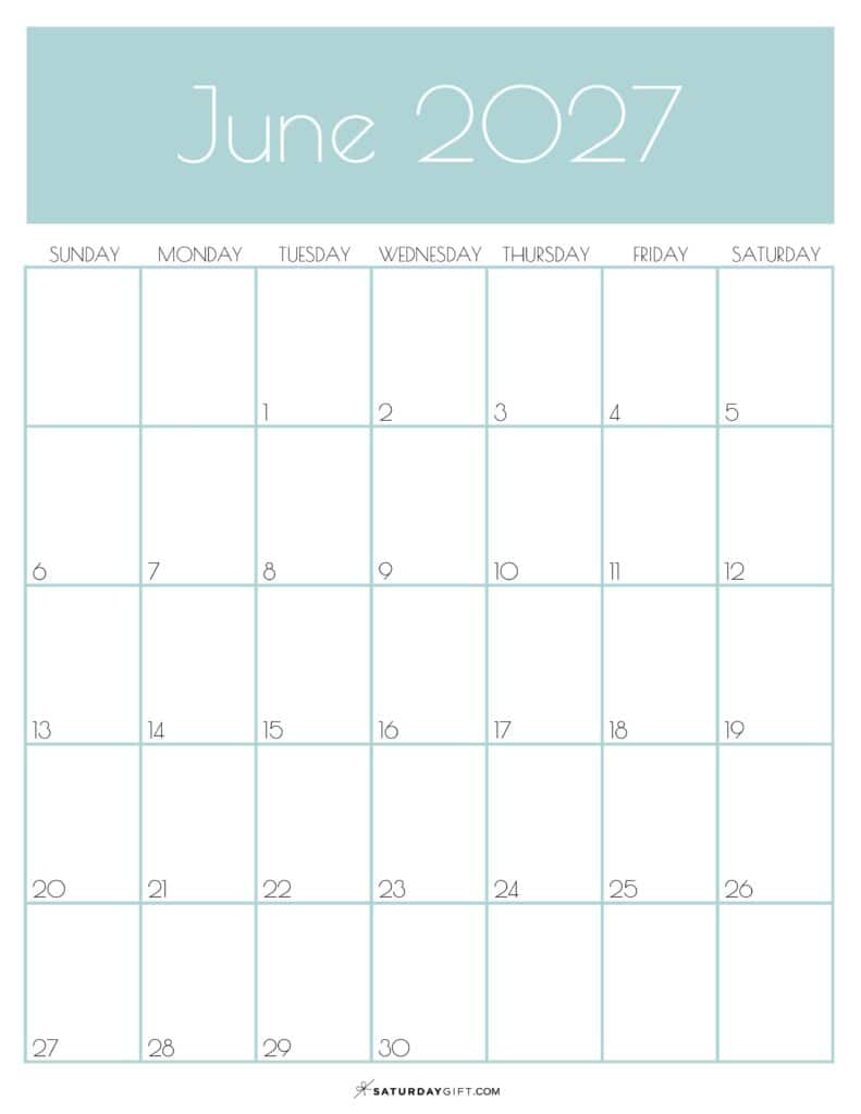 Green Monthly Goals June 2027 Calendar Vertical Sunday-start | SaturdayGift