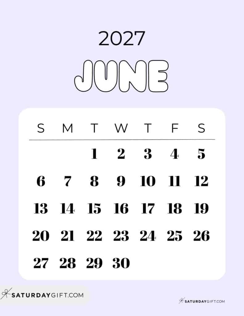 Cute Bubbly June 2027 Calendar Lilac Free Printable Sunday Starting Weeks | SaturdayGift