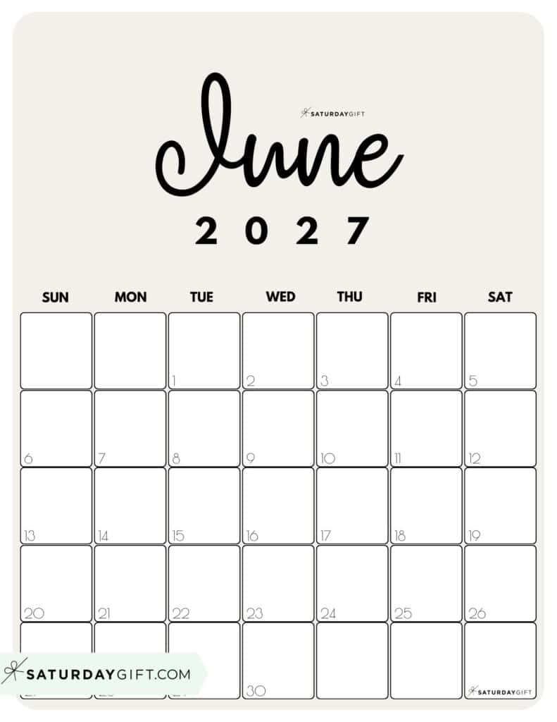 Cute Printable June 2027 Calendar by Month Beige Vertical Sunday-start | SaturdayGift