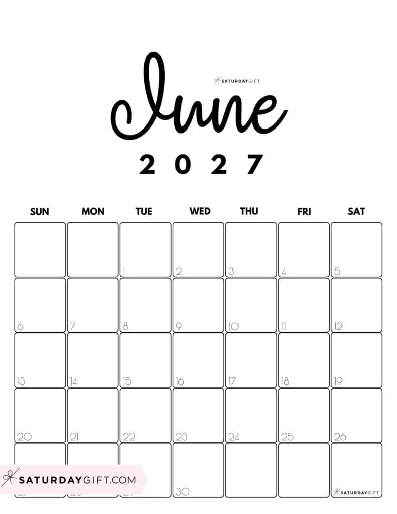 Cute Printable June 2027 Calendar by Month Black White Vertical Sunday-start | SaturdayGift