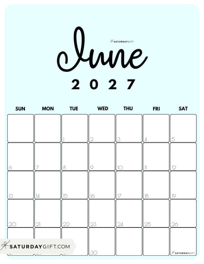 Cute Printable June 2027 Calendar by Month Blue Vertical Sunday-start | SaturdayGift