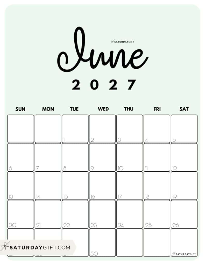 Cute Printable June 2027 Calendar by Month Green Vertical Sunday-start | SaturdayGift