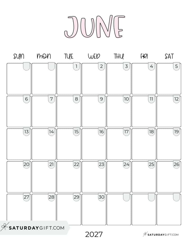 Cute Simple June 2027 Calenda Aesthetic Free Printable PDF Sunday Star | SaturdayGift