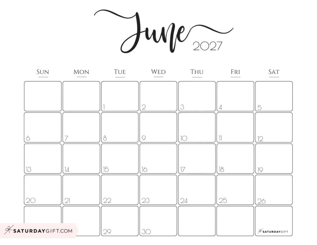 Elegant June 2027 calendar Free Printable Horizontal Landscape Black & White Sunday-Start | SaturdayGift