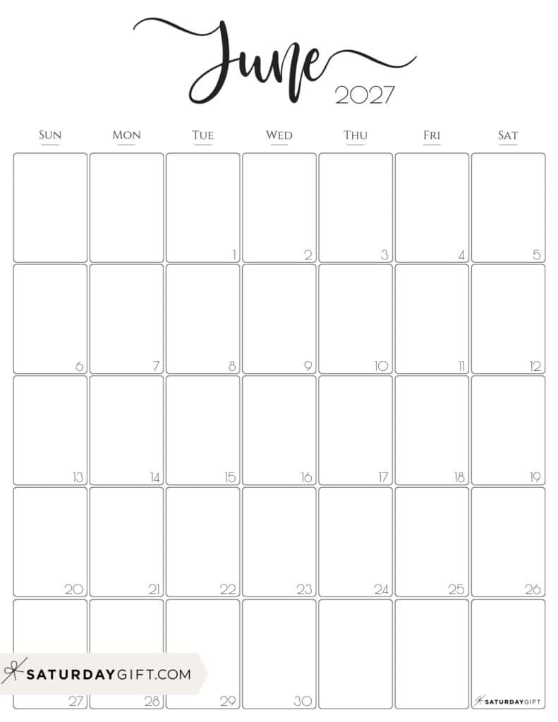 Elegant June 2027 Calendar Free Printable Vertical Portrait Black White Sunday Start | SaturdayGift