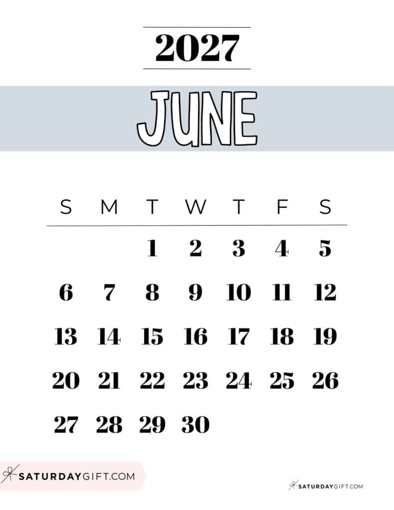 Free Printable Grey June 2027 Calendar Template PDF Sunday-Start | SaturdayGift