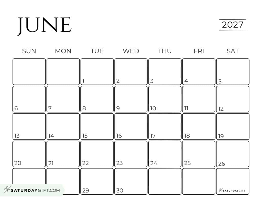 Simple Horizontal June 2027 Calendar Free Printable Business Calendar Black & White Sunday-Start | SaturdayGift