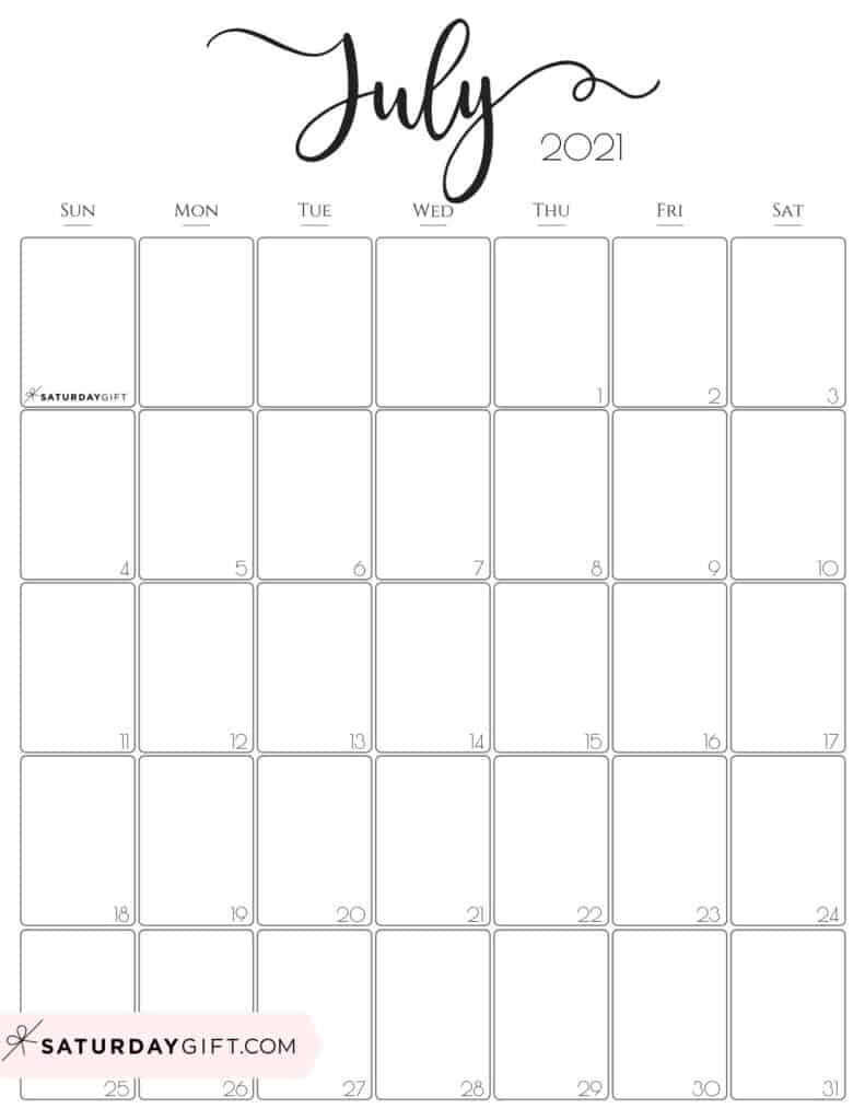 Cute Free Printable July 21 Calendar Saturdaygift