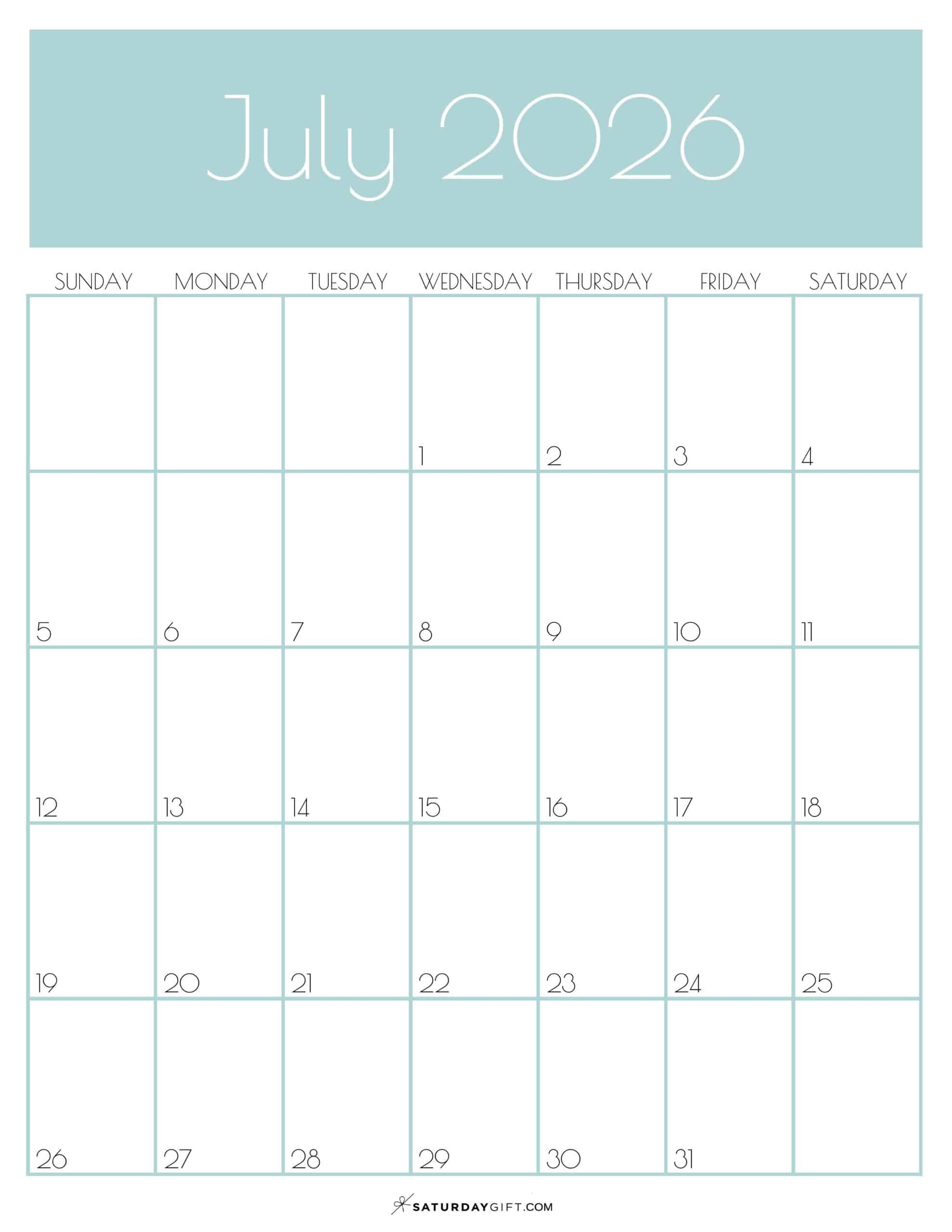 July 2026 Calendars - 23 Cute Free Printable PDFs by SaturdayGift
