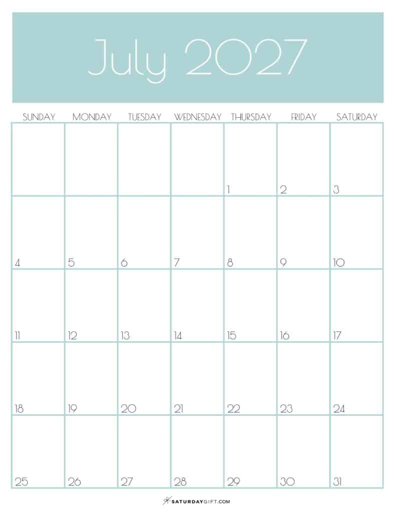 Green Monthly Goals July 2027 Calendar Vertical Sunday-start | SaturdayGift