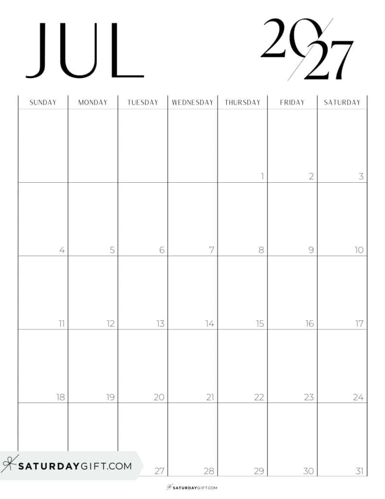Chic Black and White July 2027 Calendar Free Printable Portrait Sunday-Start | SaturdayGift