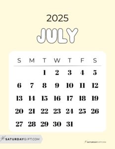 July 2025 Calendars - 23 Cute Free Printable PDFs | SaturdayGift