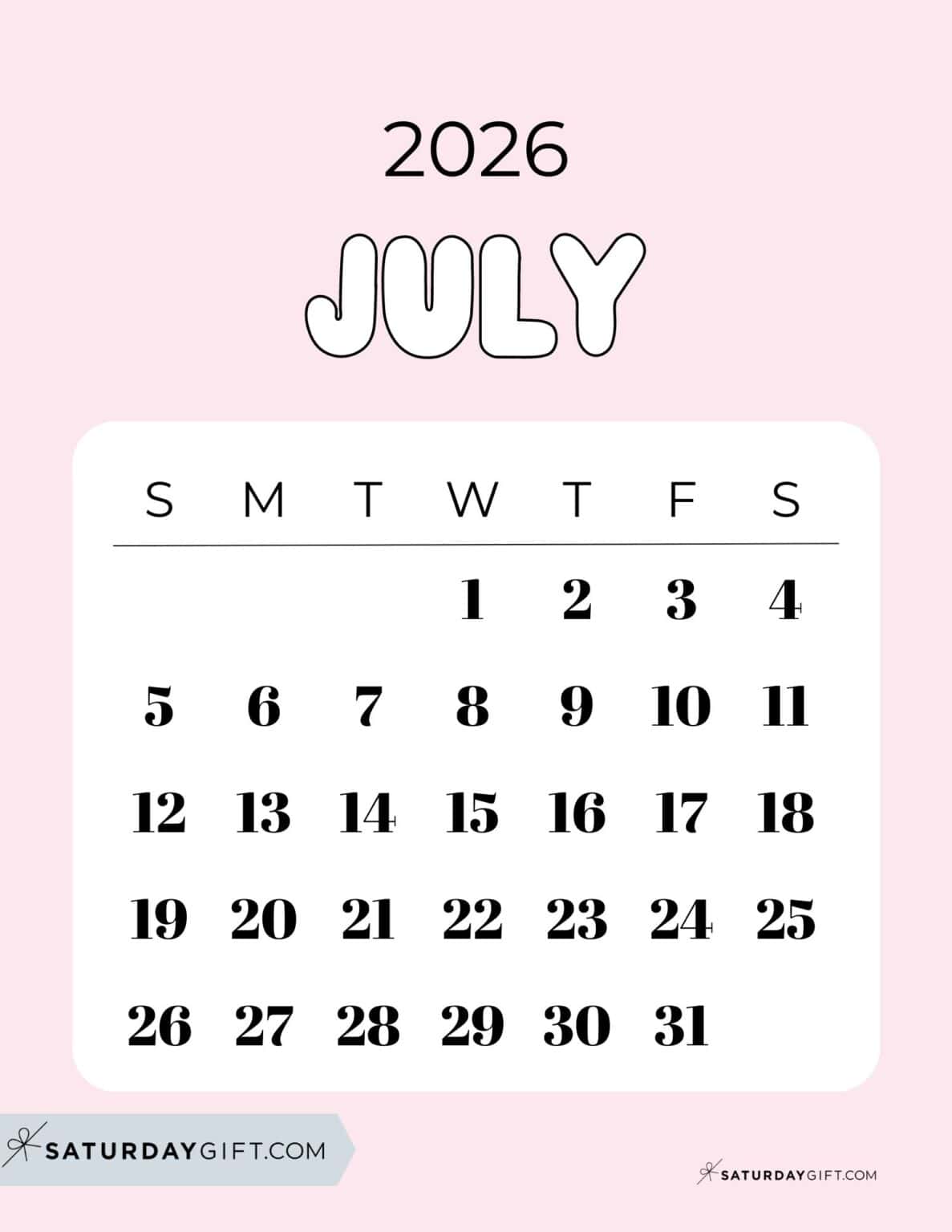 July 2026 Calendars - 23 Cute Free Printable PDFs by SaturdayGift