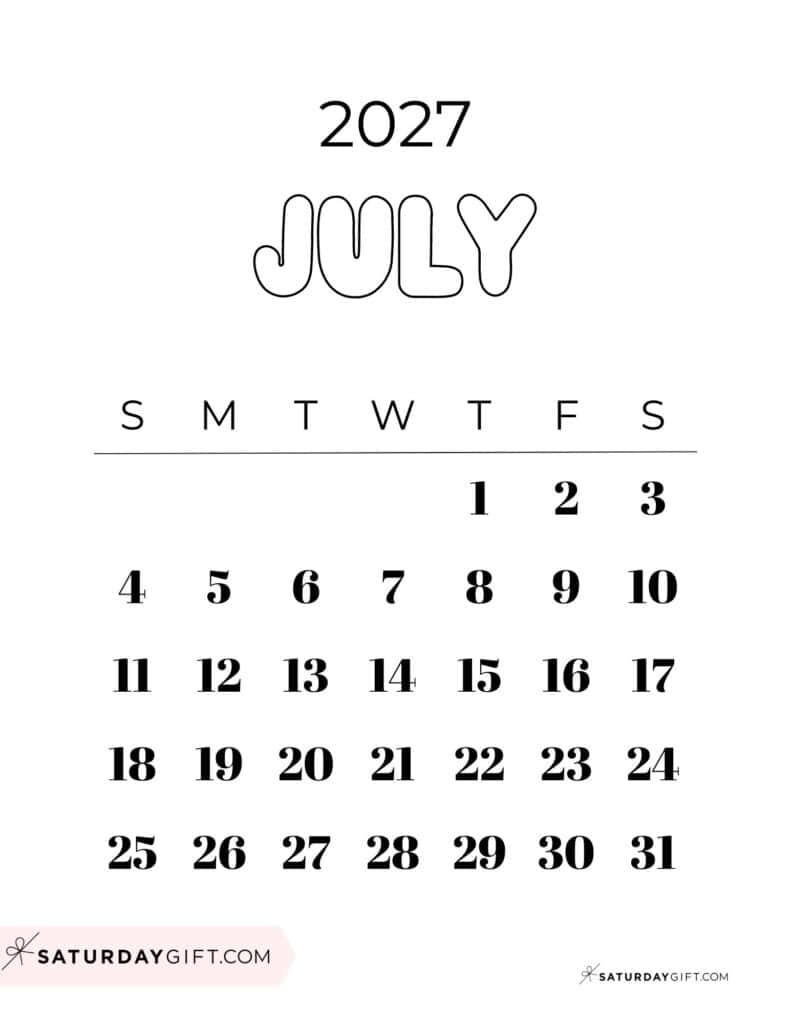 Cute Bubbly July 2027 Calendar Black & White Free Printable Sunday Starting Weeks | SaturdayGift