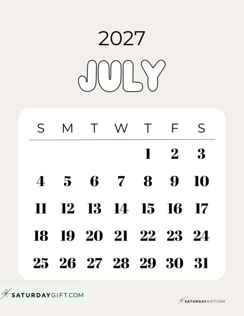 Cute Bubbly July 2027 Calendar Elegant Beige Free Printable Sunday Starting Weeks | SaturdayGift