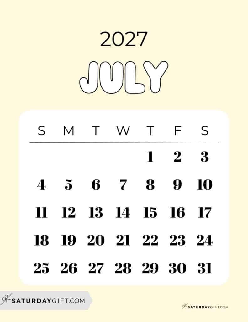 Cute Bubbly July 2027 Calendar Light Yellow Free Printable Sunday Starting Weeks | SaturdayGift