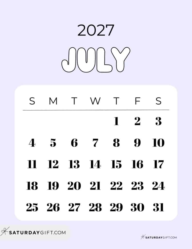 Cute Bubbly July 2027 Calendar Lilac Free Printable Sunday Starting Weeks | SaturdayGift