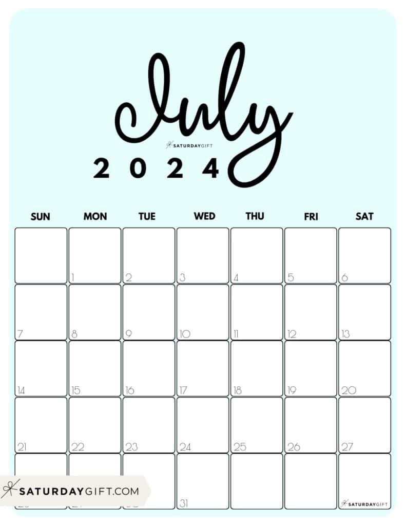 July 2024 Calendar - 20 Cute & FREE Printables | SaturdayGift
