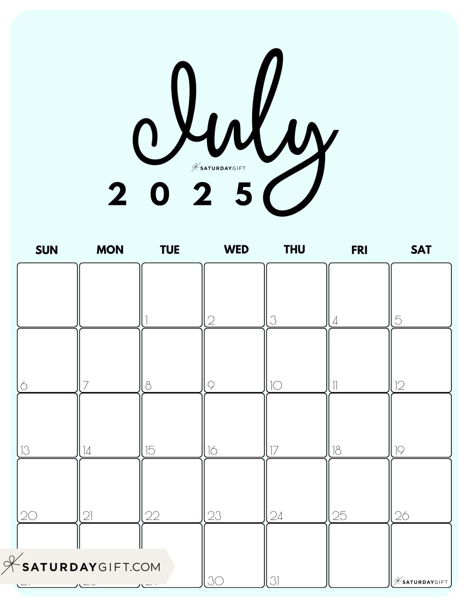 July 2025 Calendar - 20 Cute & FREE Printables | SaturdayGift