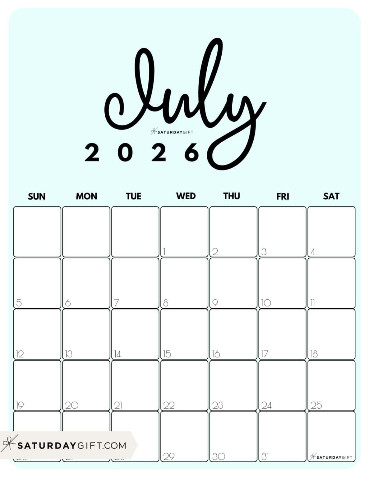 July 2026 Calendars - 23 Cute Free Printable PDFs by SaturdayGift