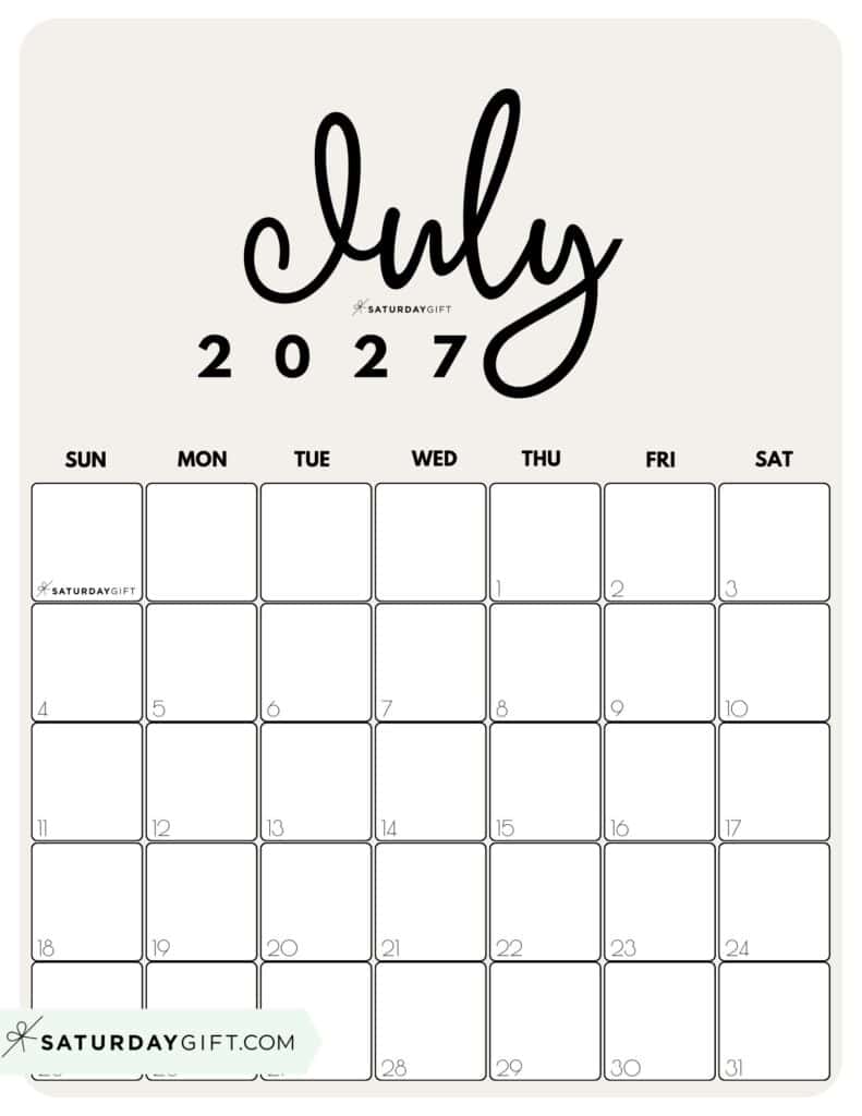 Cute Printable July 2027 Calendar by Month Beige Vertical Sunday-start | SaturdayGift