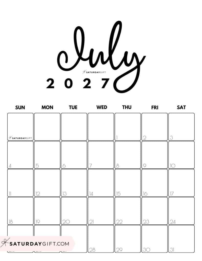 Cute Printable July 2027 Calendar by Month Black White Vertical Sunday-start | SaturdayGift
