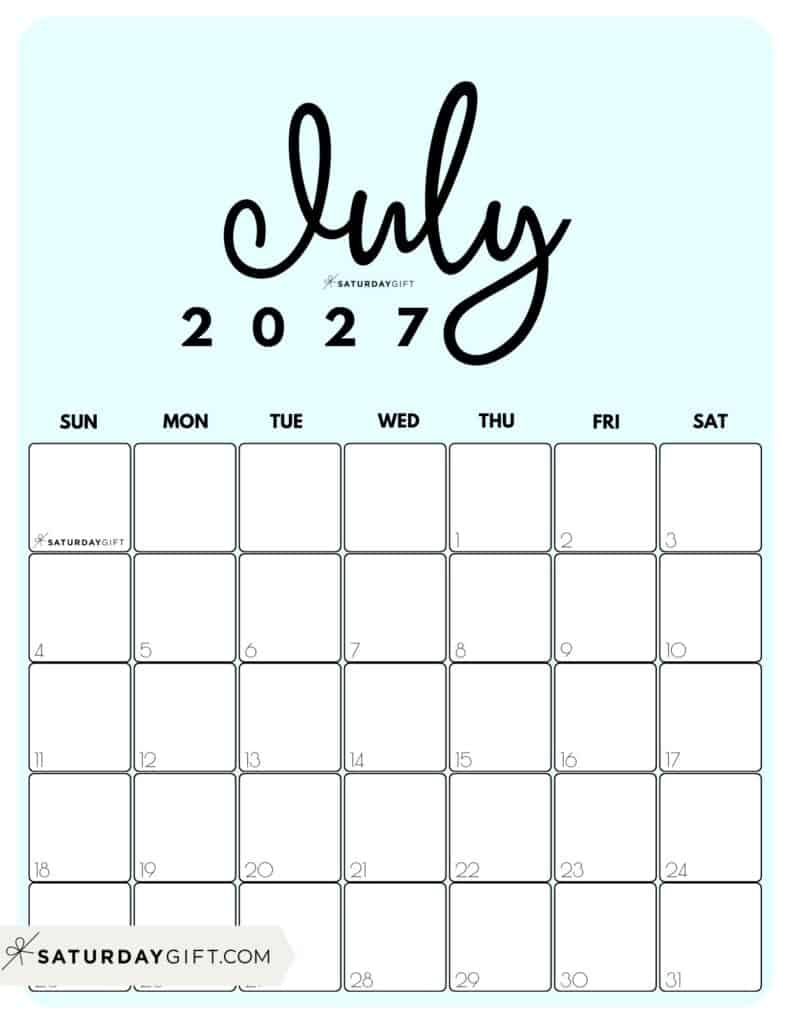 Cute Printable July 2027 Calendar by Month Blue Vertical Sunday-start | SaturdayGift