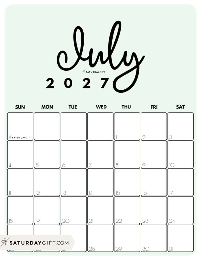 Cute Printable July 2027 Calendar by Month Green Vertical Sunday-start | SaturdayGift