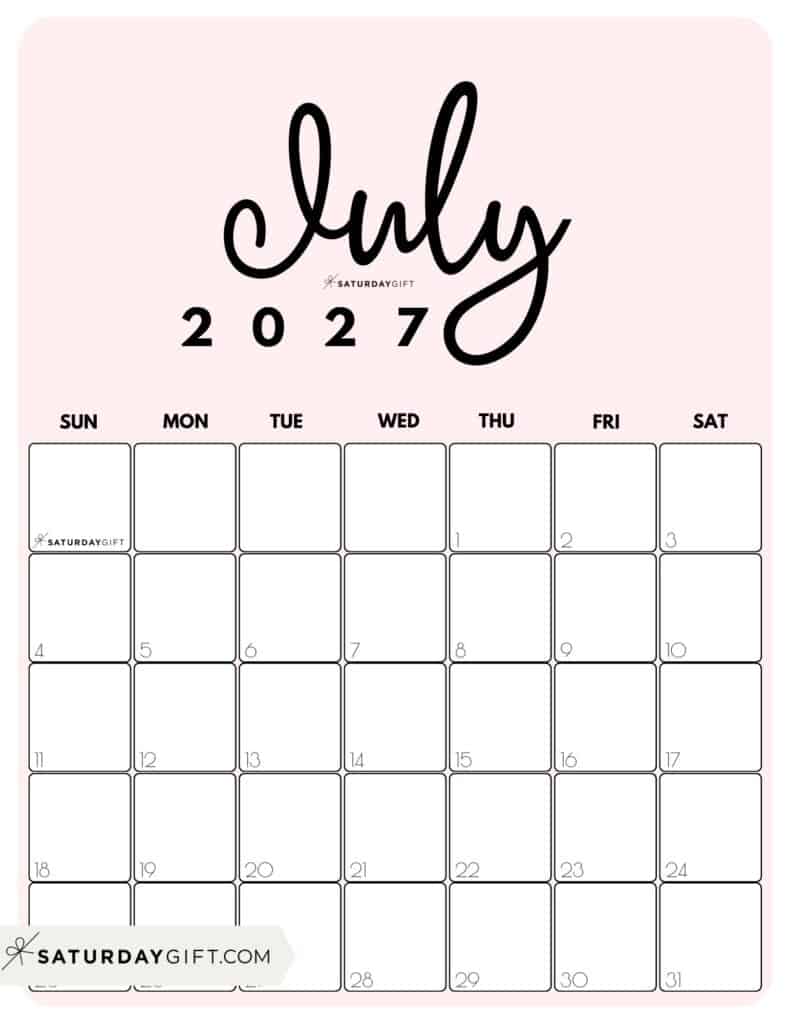 Cute Printable July 2027 Calendar by Month Pink Vertical Sunday-start | SaturdayGift