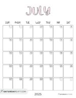 July 2025 Calendars - 23 Cute Free Printable PDFs | SaturdayGift