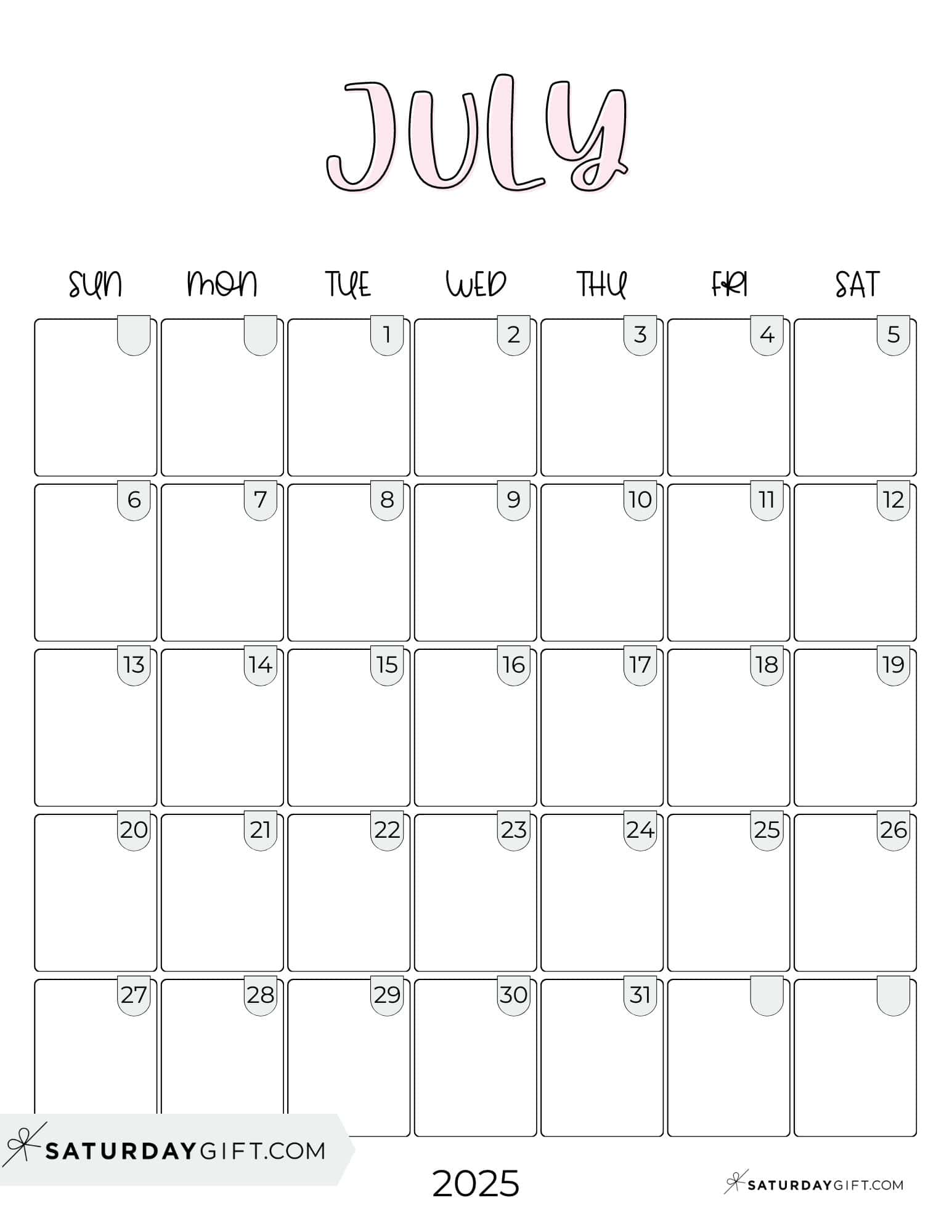 July 2025 Calendar - 20 Cute & FREE Printables | SaturdayGift