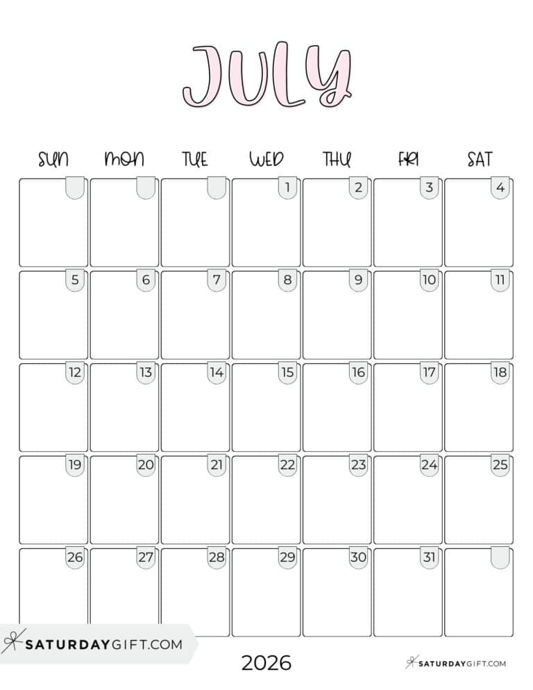 July 2026 Calendars - 23 Cute Free Printable PDFs by SaturdayGift