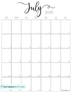 July 2025 Calendars - 23 Cute Free Printable PDFs | SaturdayGift