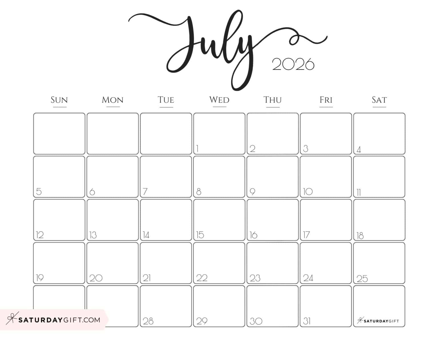 Elegant Printable Calendar 2026 by SaturdayGift Readers' Favorite!