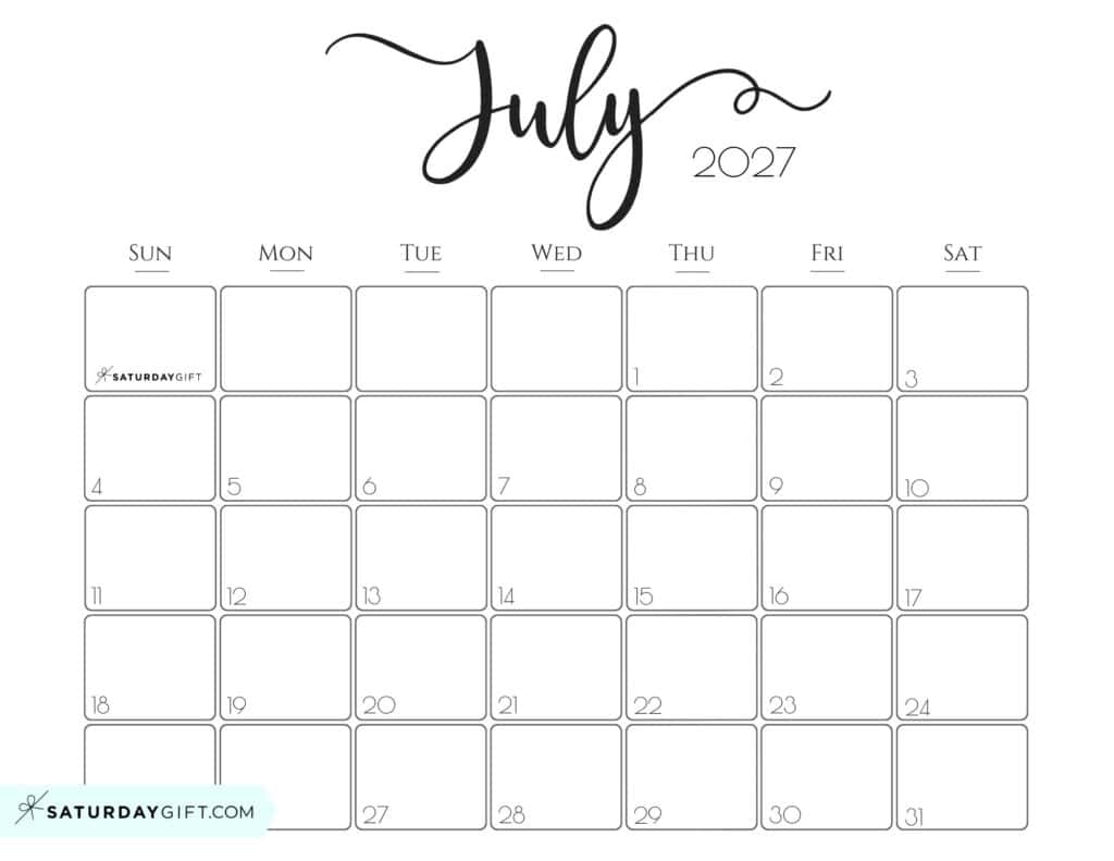 Elegant July 2027 calendar Free Printable Horizontal Landscape Black & White Sunday-Start | SaturdayGift