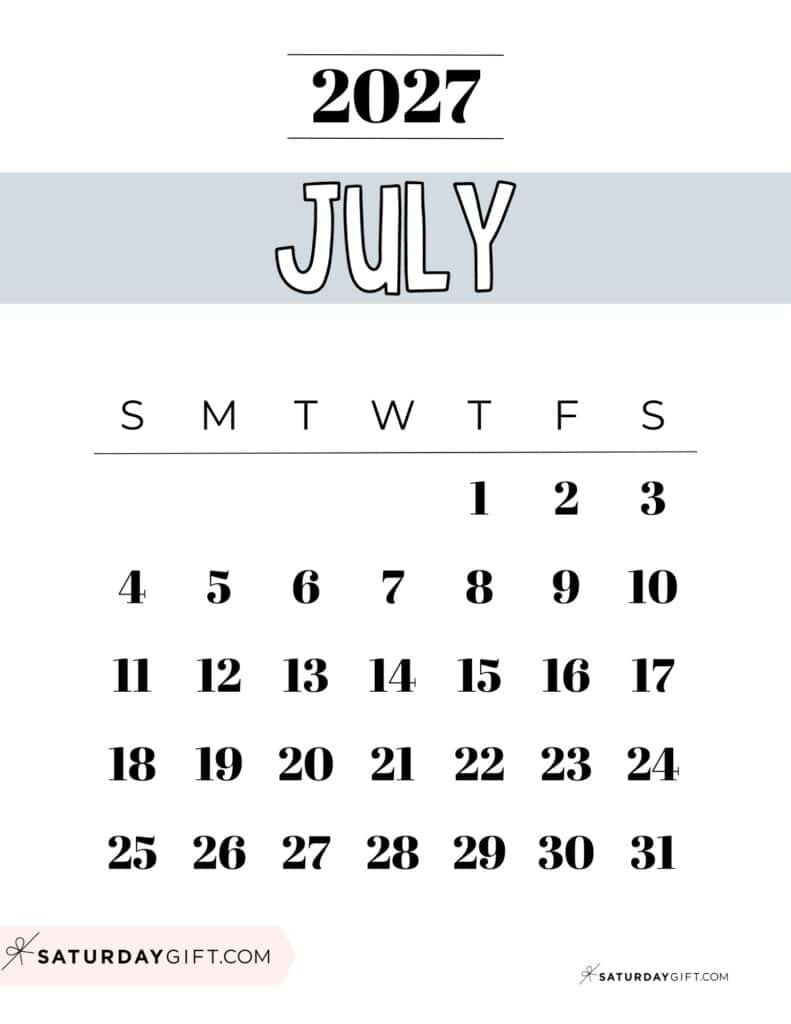 Free Printable Grey July 2027 Calendar Template PDF Sunday-Start | SaturdayGift