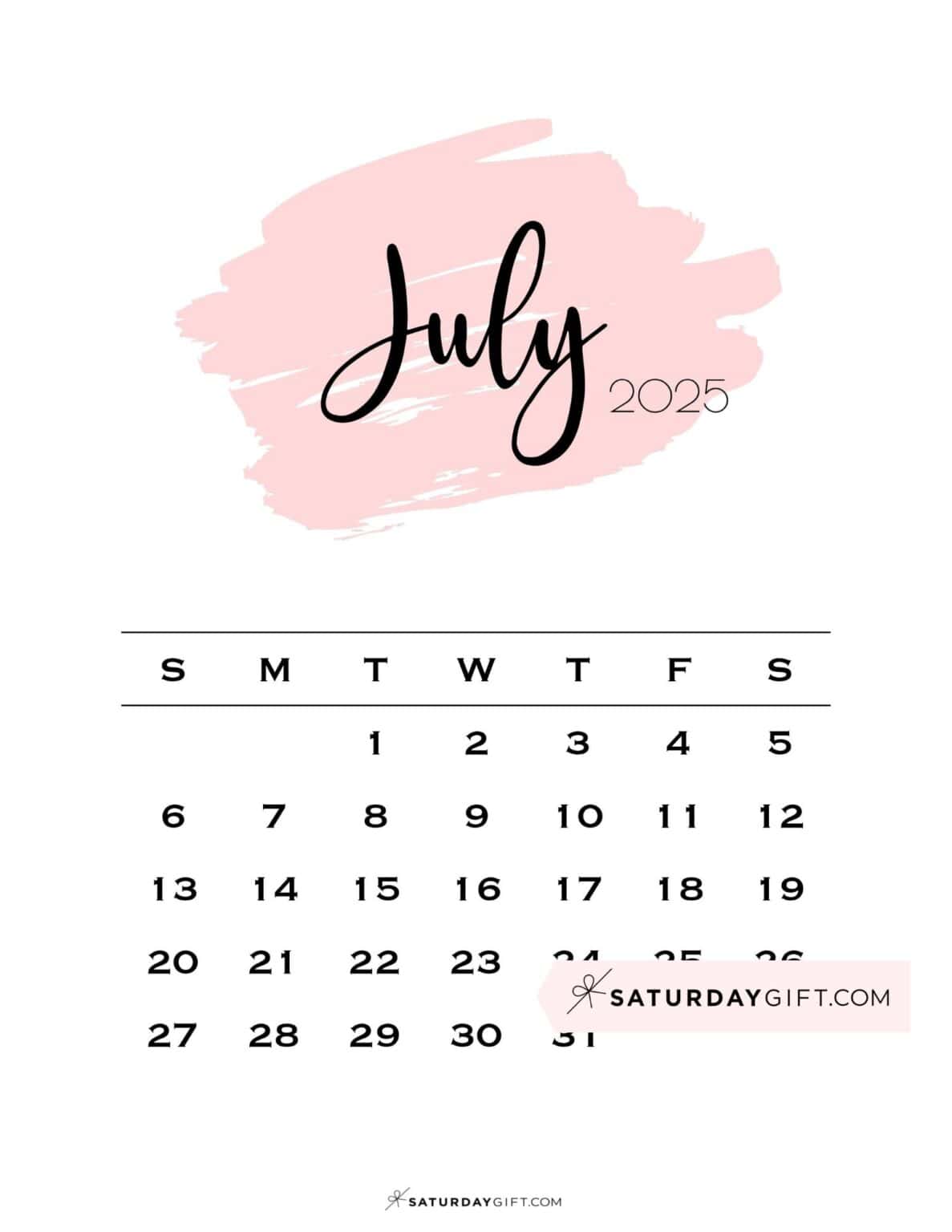 July 2025 Calendars - 23 Cute Free Printable PDFs | SaturdayGift