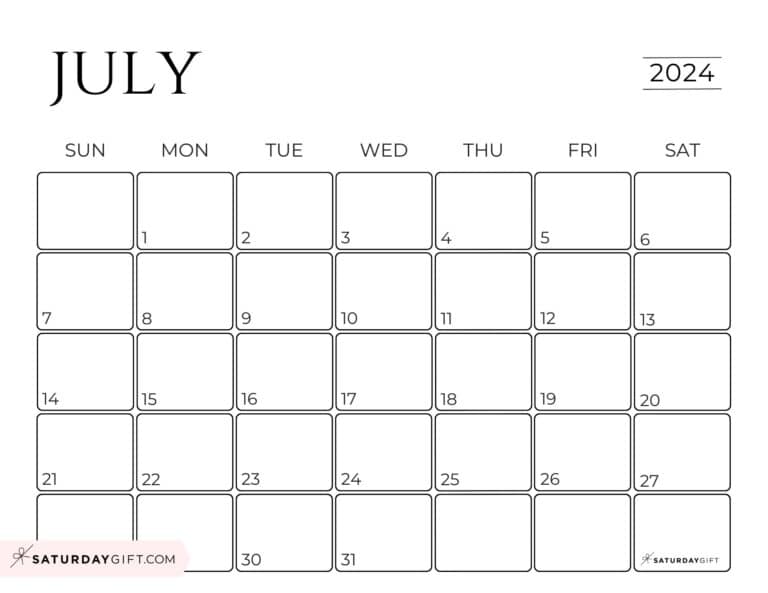 July 2024 Calendar - 20 Cute &amp; FREE Printables | SaturdayGift