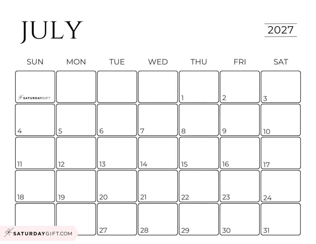 Simple Horizontal July 2027 Calendar Free Printable Business Calendar Black & White Sunday-Start | SaturdayGift