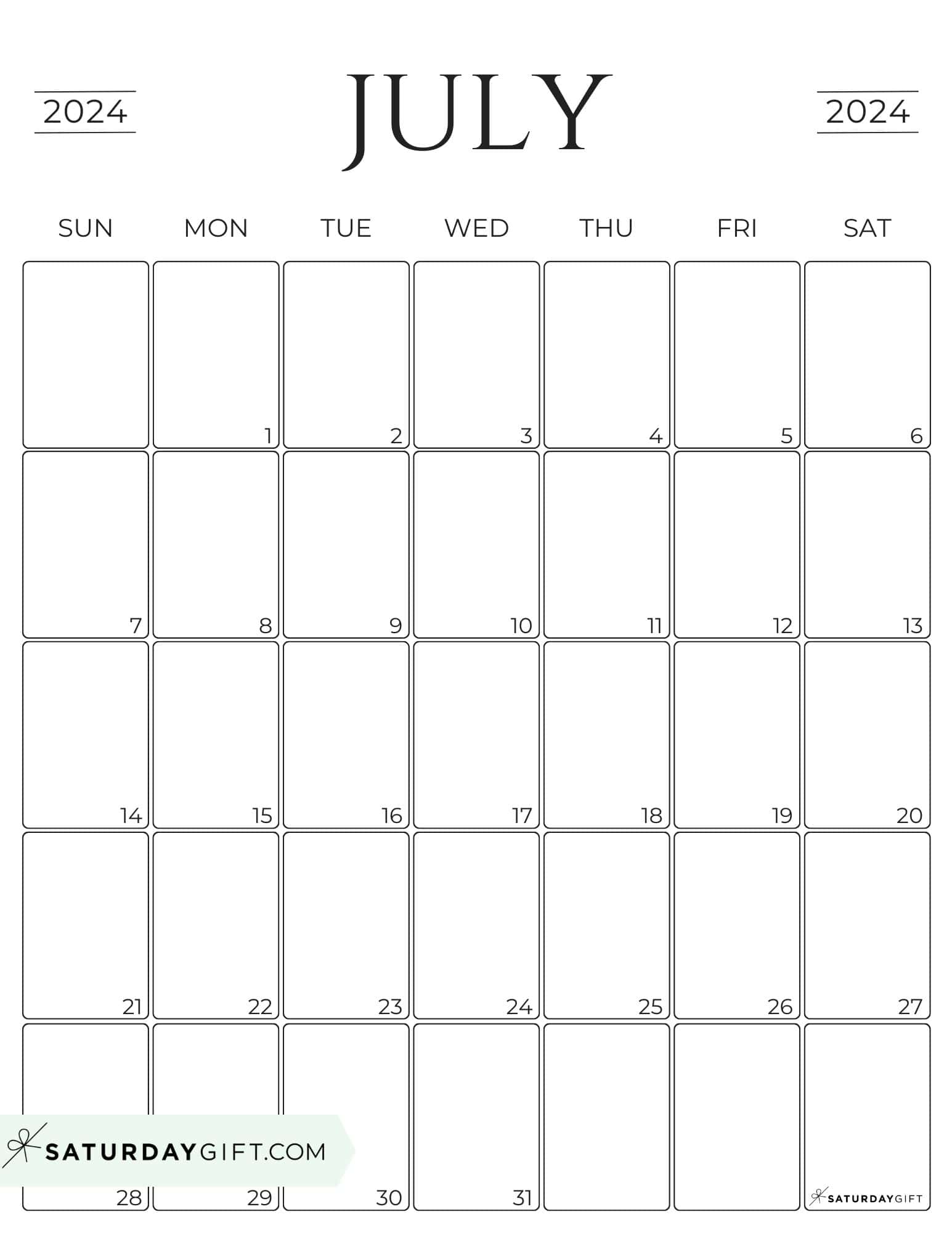 July 2024 Calendar - 20 Cute & FREE Printables | SaturdayGift