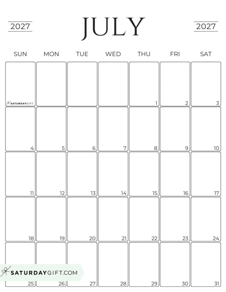 Simple Portrait July 2027 Calendar Free Printable Business Calendar Black & White Sunday-Start | SaturdayGift