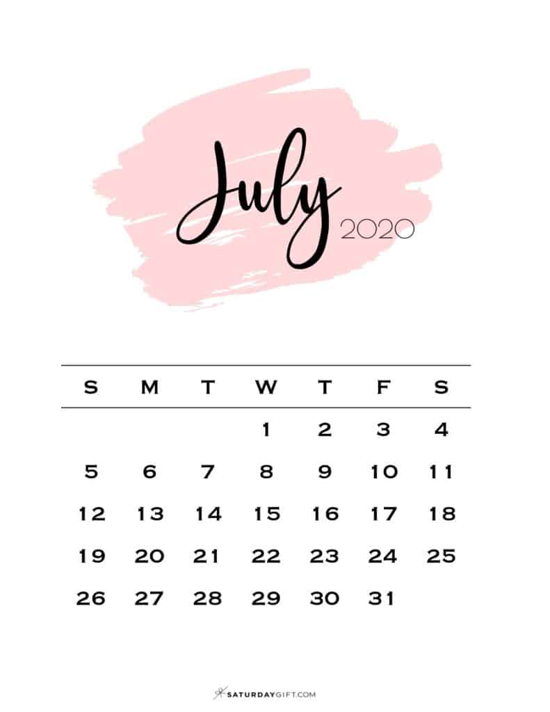Cute (& Free!) Printable July 2020 Calendar | SaturdayGift