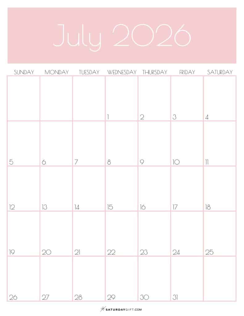 07 Pink Monthly Goals July 2026 Calendar Vertical Sunday-start