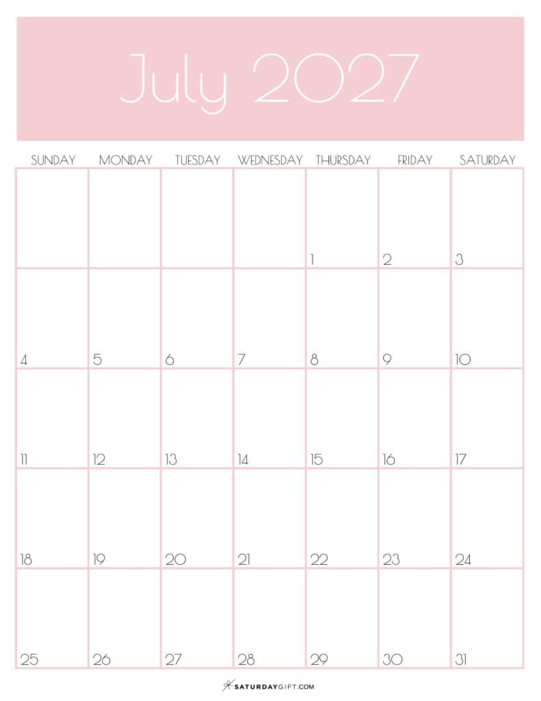 Pink Monthly Goals July 2027 Calendar Vertical Sunday-start | SaturdayGift