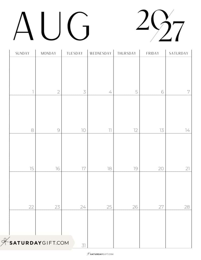 08 AUG Chic Black and White August 2027 Calendar PDF Free Printable Portrait Sunday-Start | SaturdayGift