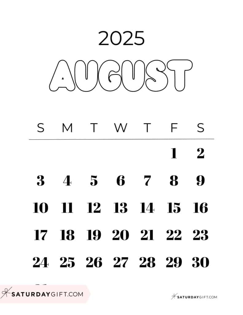 August 2025 Calendar - 20 Cute & FREE Printables | SaturdayGift