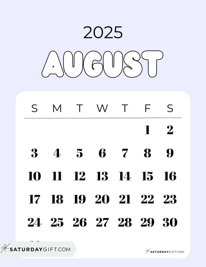 Cute August 2025 Calendar Lilac Free Printable Sunday Starting Weeks | SaturdayGift