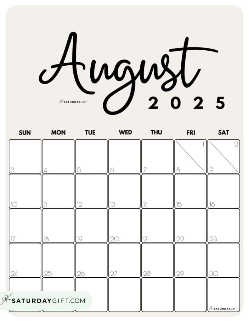 08 AUG Cute Printable August 2025 Calendar by Month Beige Vertical Sunday-start | SaturdayGift